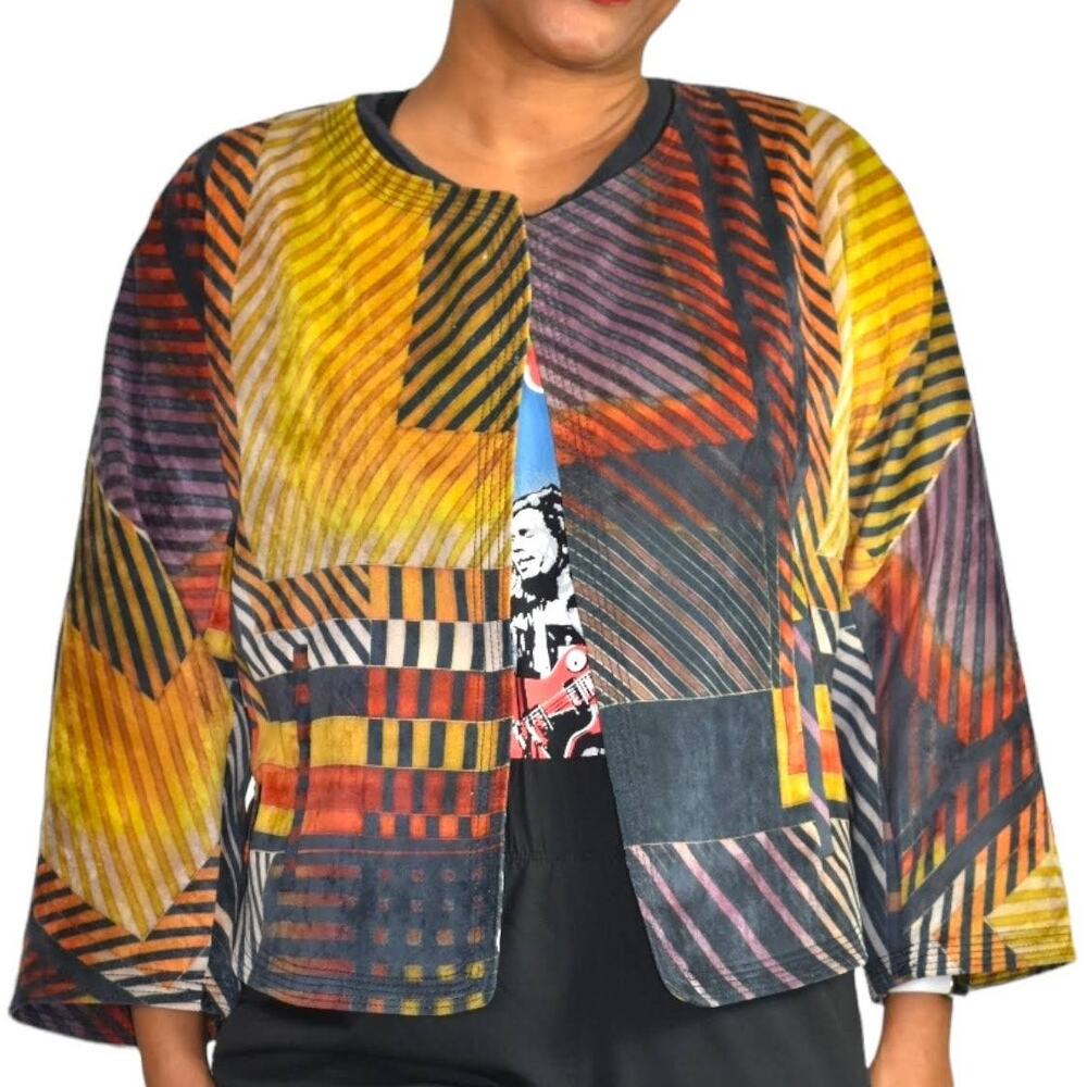 Worth Boxy Crop Jacket Yellow Geo Print Open Front Collarless Faux Suede Small